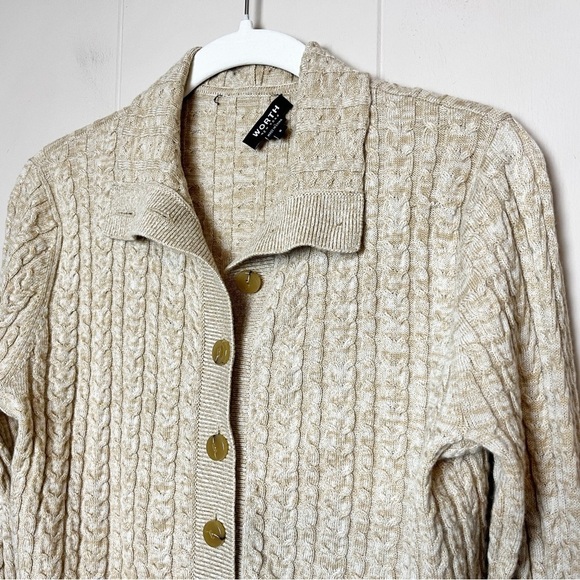 Worth 100% Wool Cable Knit Cardigan Sweater Small lightweight button tan cropped - Picture 2 of 10